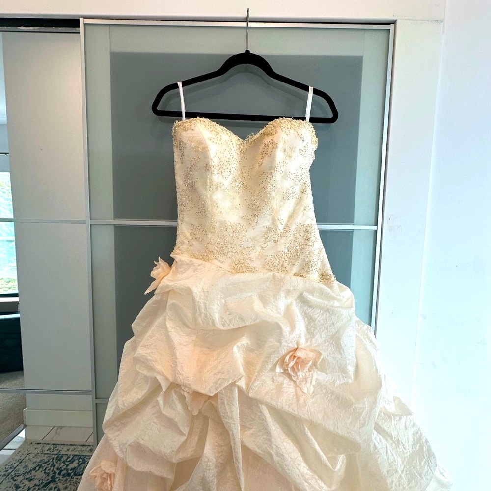 “Champagne Blush” Roses Lace Beaded Strapless Wedding Dress Bridal Gown